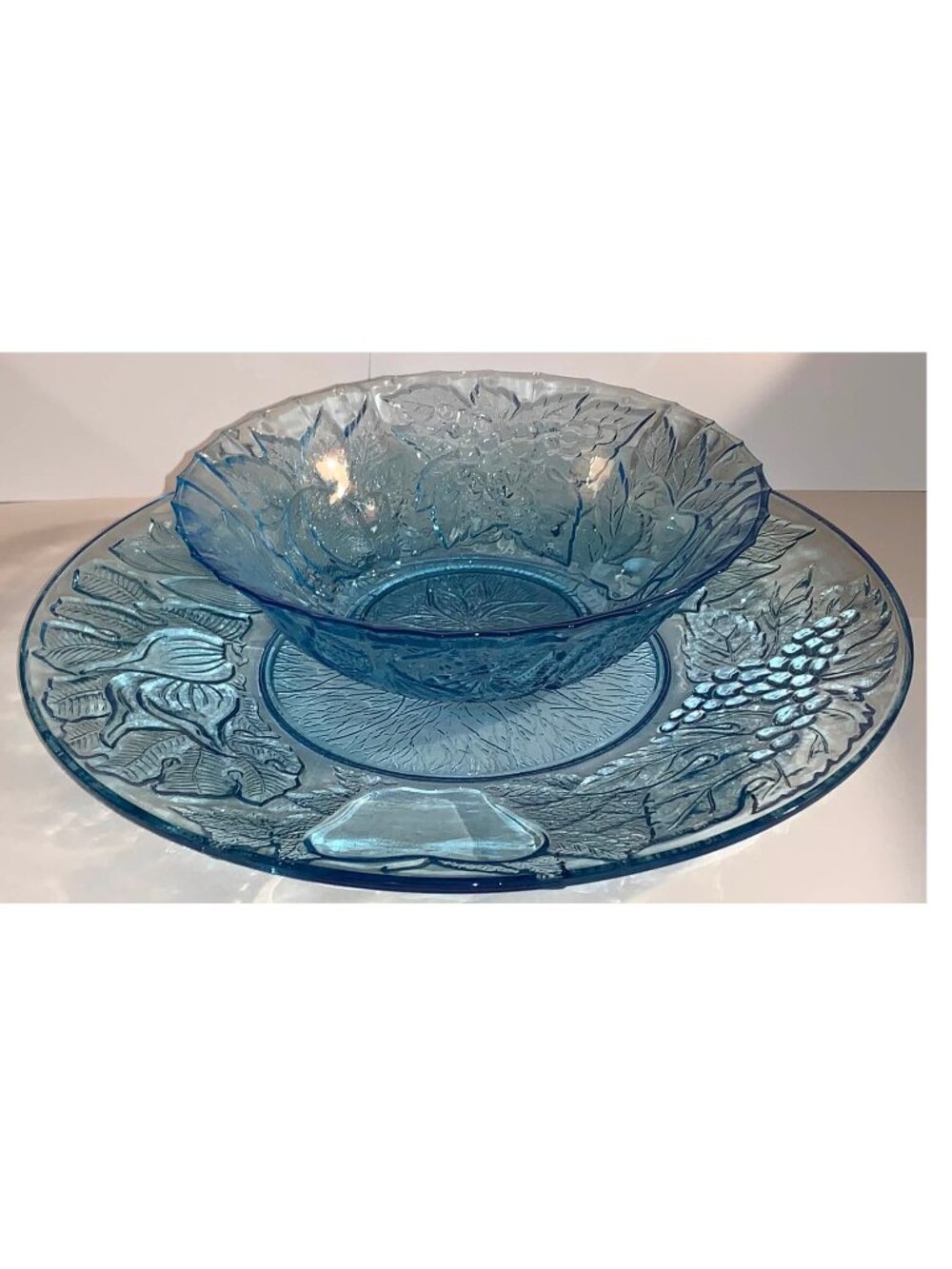 VTG KIG Indonesia Blue Glass Bowl & Plate w/ Embossed Fruit & Vegetable Design